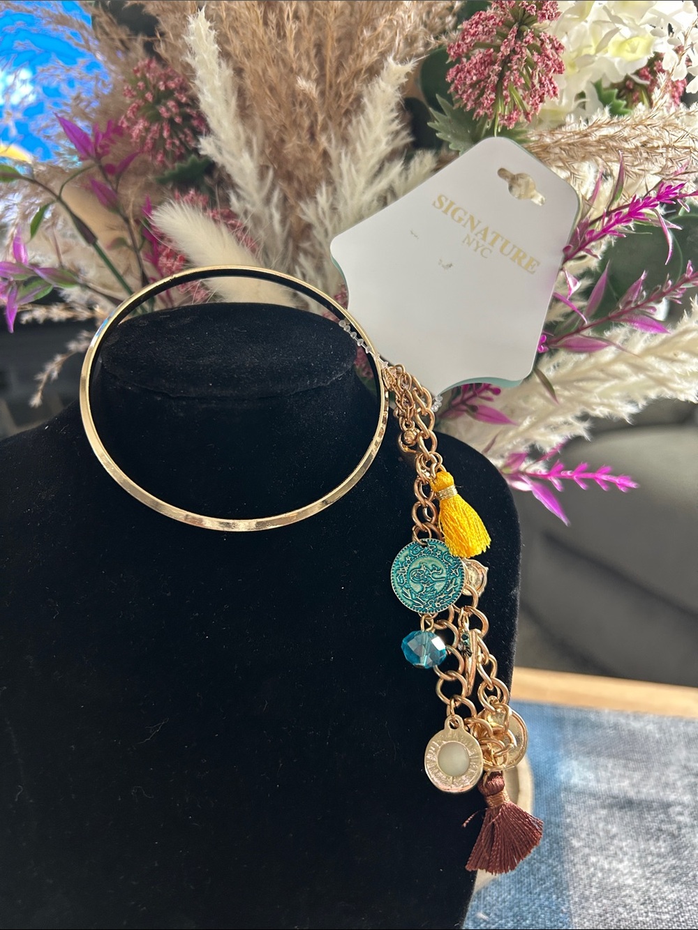 Signature NYC Gold Bracelet with Turquoise Coin and Yellow Tassel Accents